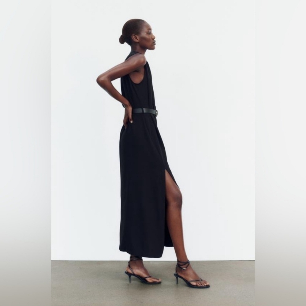 ZARA CLASSIC MIDI DRESS Black Size XS Belted - Picture 6 of 9
